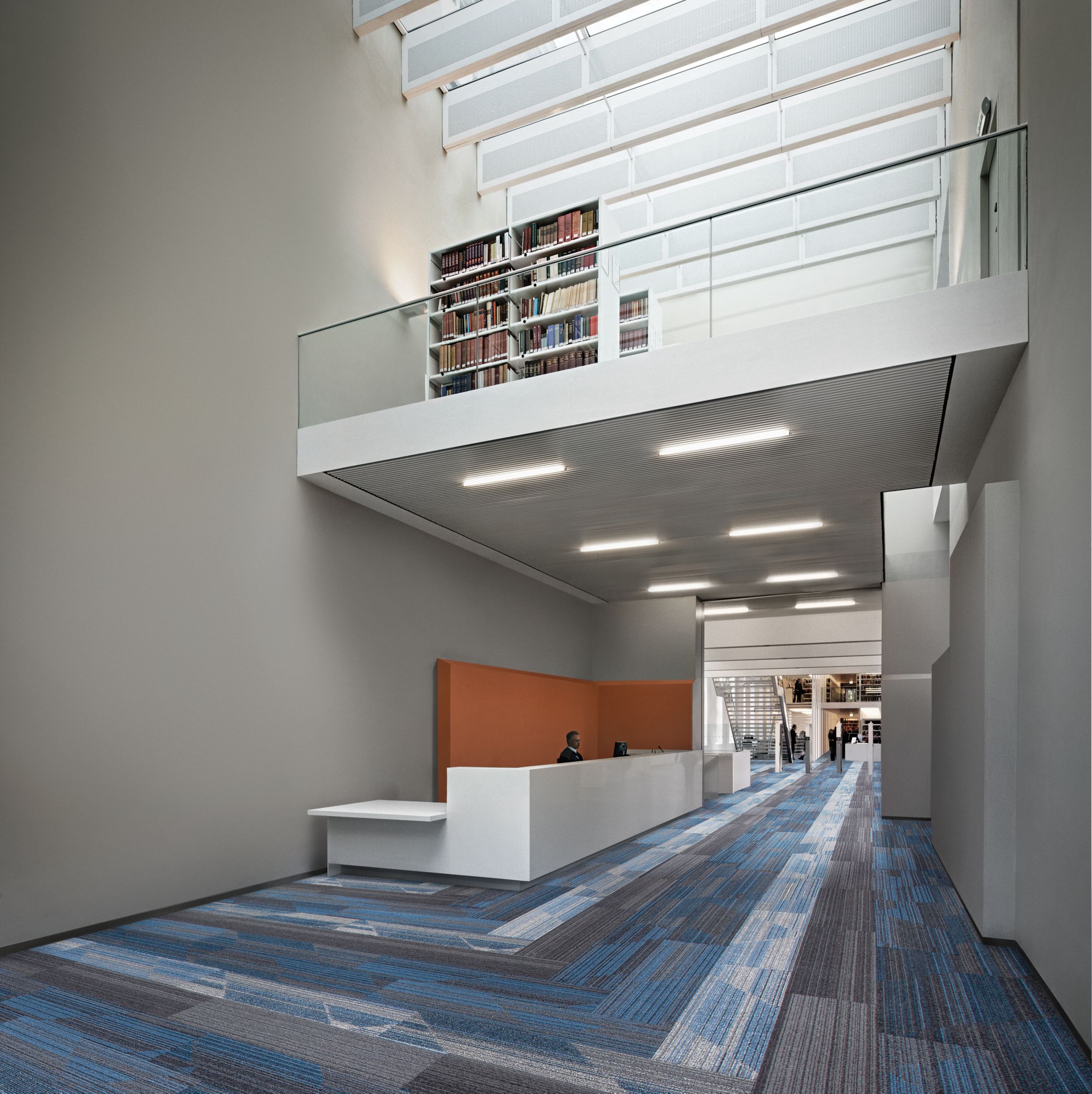 Interface Driftwood and Shiver Me Timbers plank carpet tile in recpetionist area of library image number 2