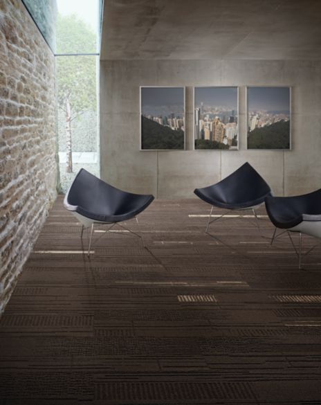 Interface Duo and Trio plank carpet tile in seating area with three chairs and paintings on wall image number 5