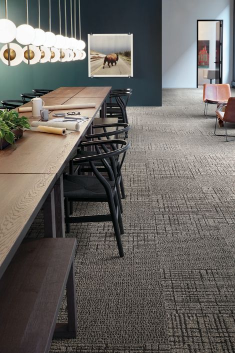 Interface Duplex and Sublet carpet tile in large seating area with long table surrounded by chairs image number 2