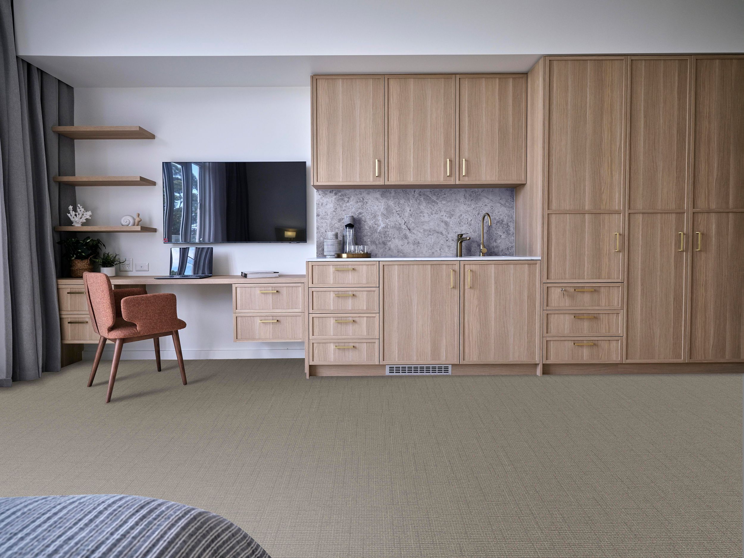 Interface E613 plank carpet tile in senior living residence with large wood cabinets image number 2