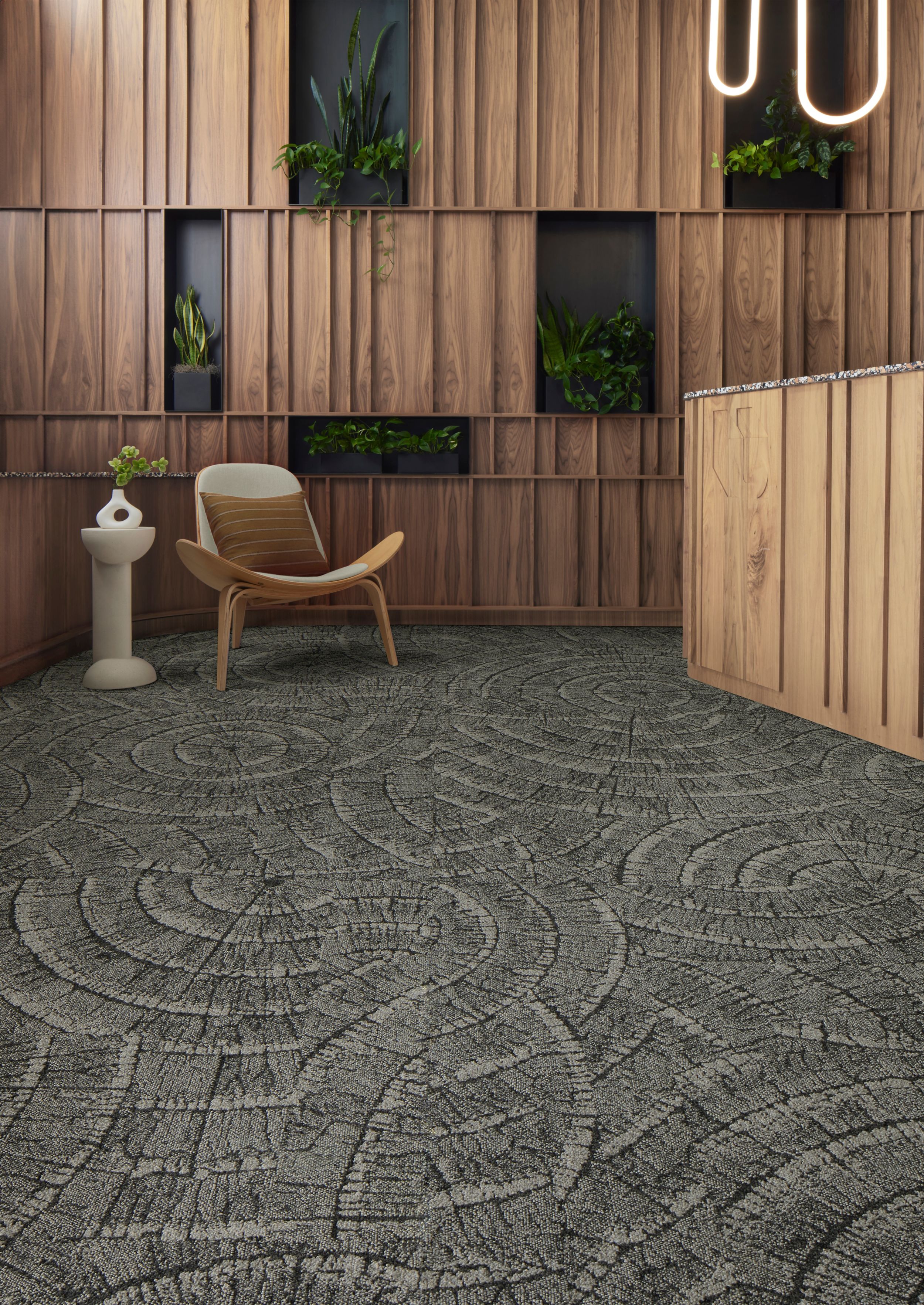 Interface EE710 carpet tile in workplace lobby with wood tones image number 1