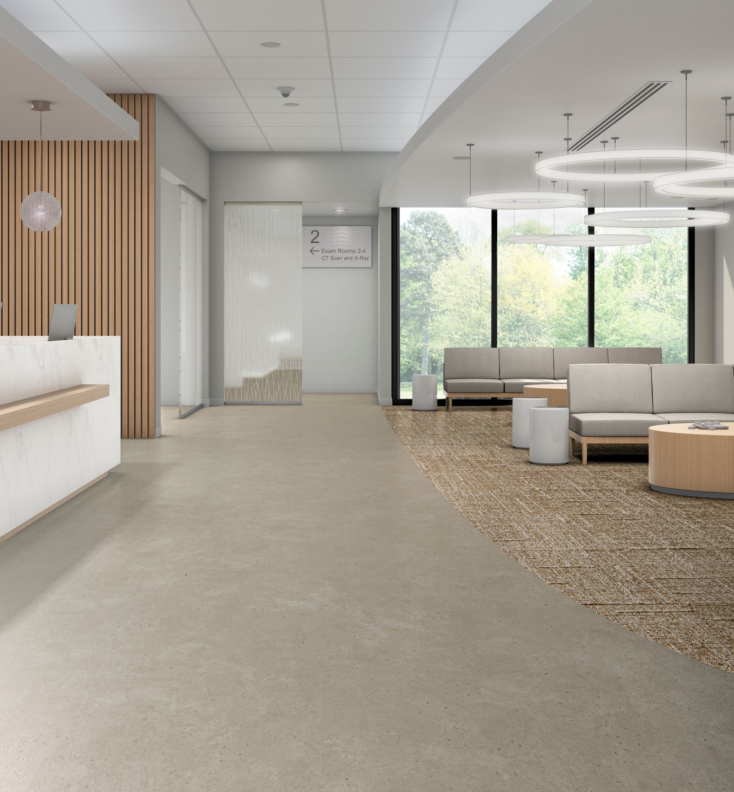 Interface EE711 carpet tile and Hearth plank LVT in healthcare lobby Bildnummer 7