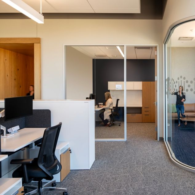 Interface Open Air 420 and Night Flight carpet tile in corporate office with meeting rooms and open workspace