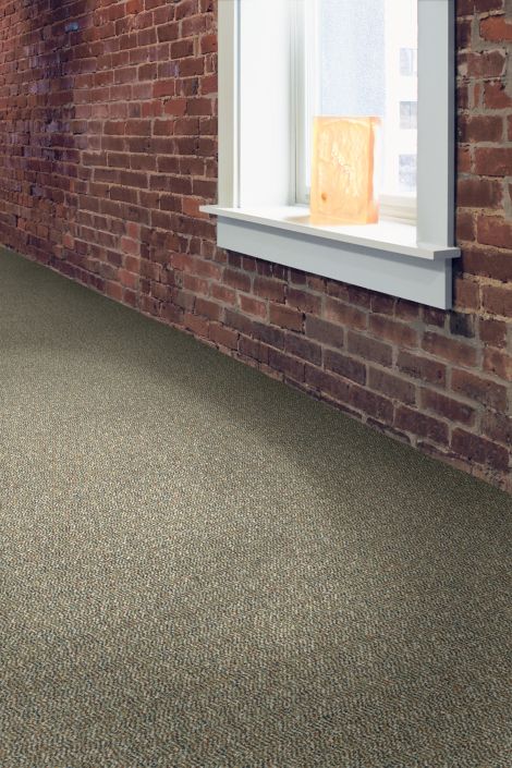 Interface Earth II carpet tile in room with brick wall and orange glass in window image number 2