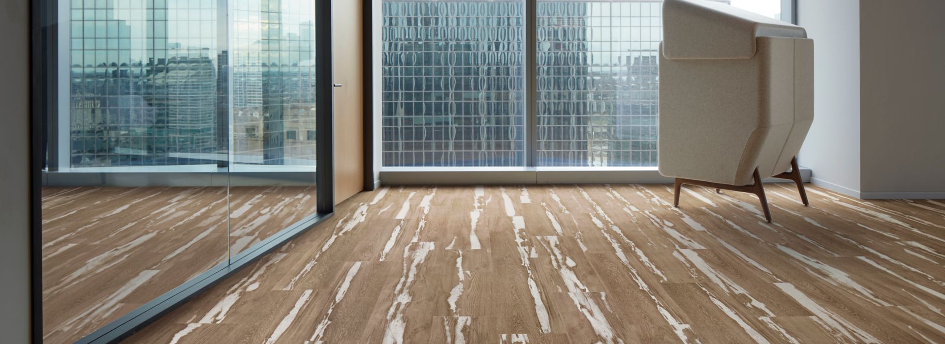 Interface Crossroads plank LVT in corporate lobby or public area