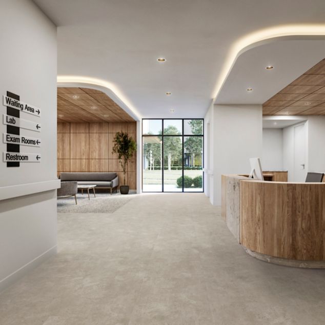 Interface Hearth plank LVT with E611 carpet tile in healthcare lobby