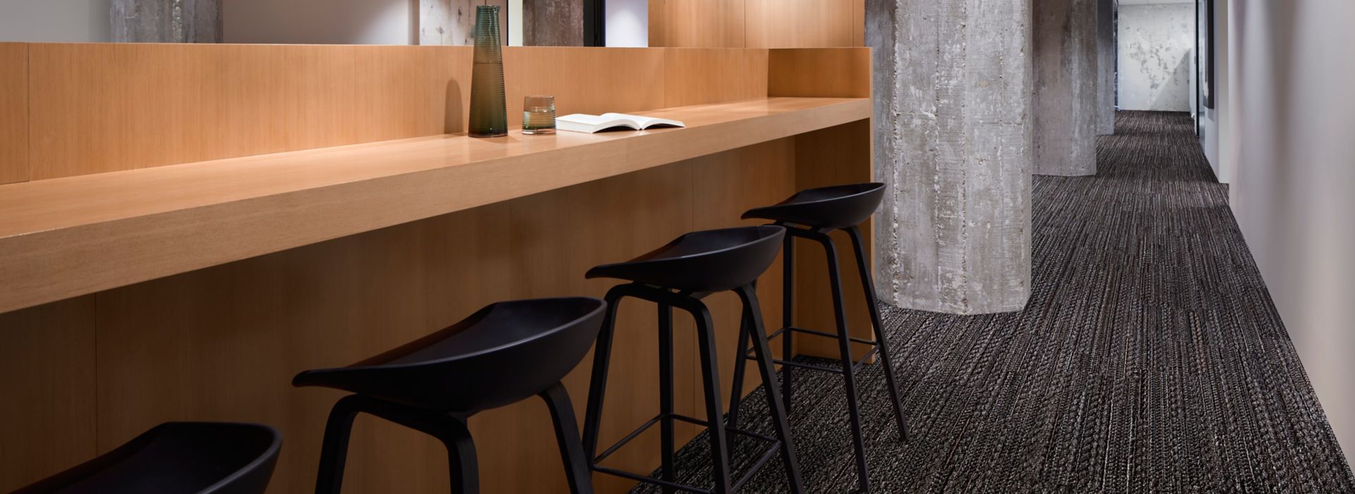 Interface E614 plank carpet tile in workspace cafe area