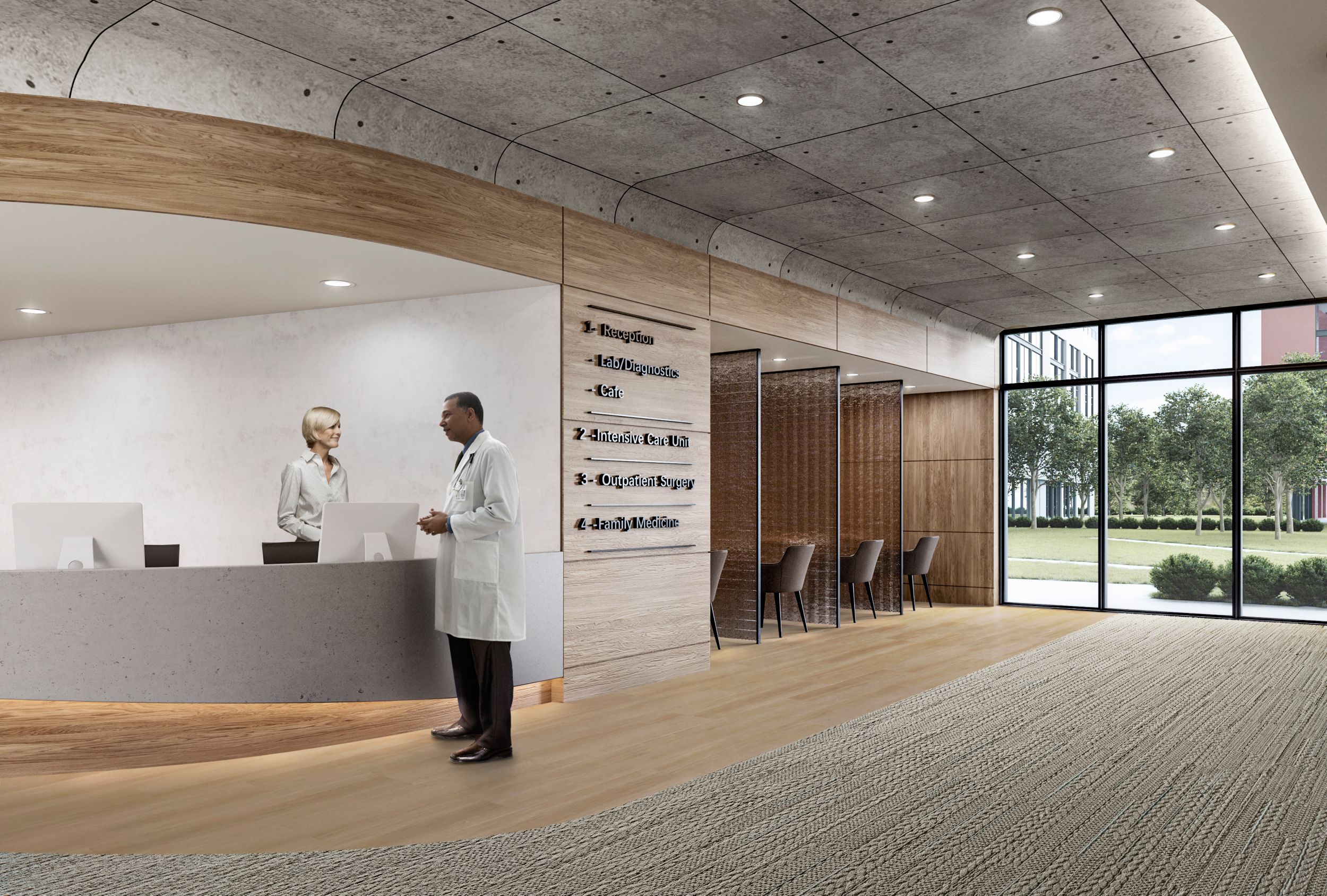 Interface E614 plank carpet tile with On Grain plank LVT in healthcare lobby Bildnummer 4