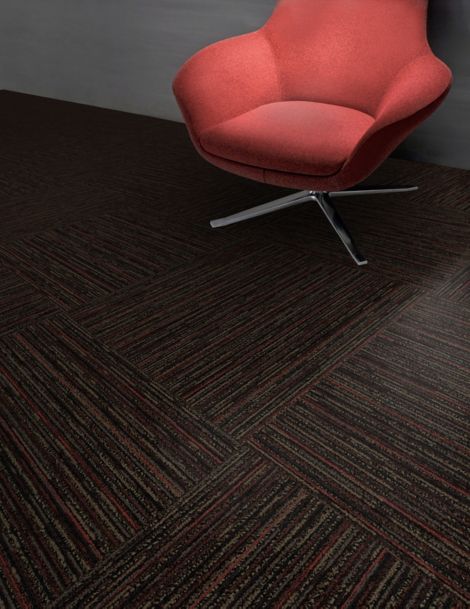 Interface Farmland Loop carpet tile wiith coral colored chair