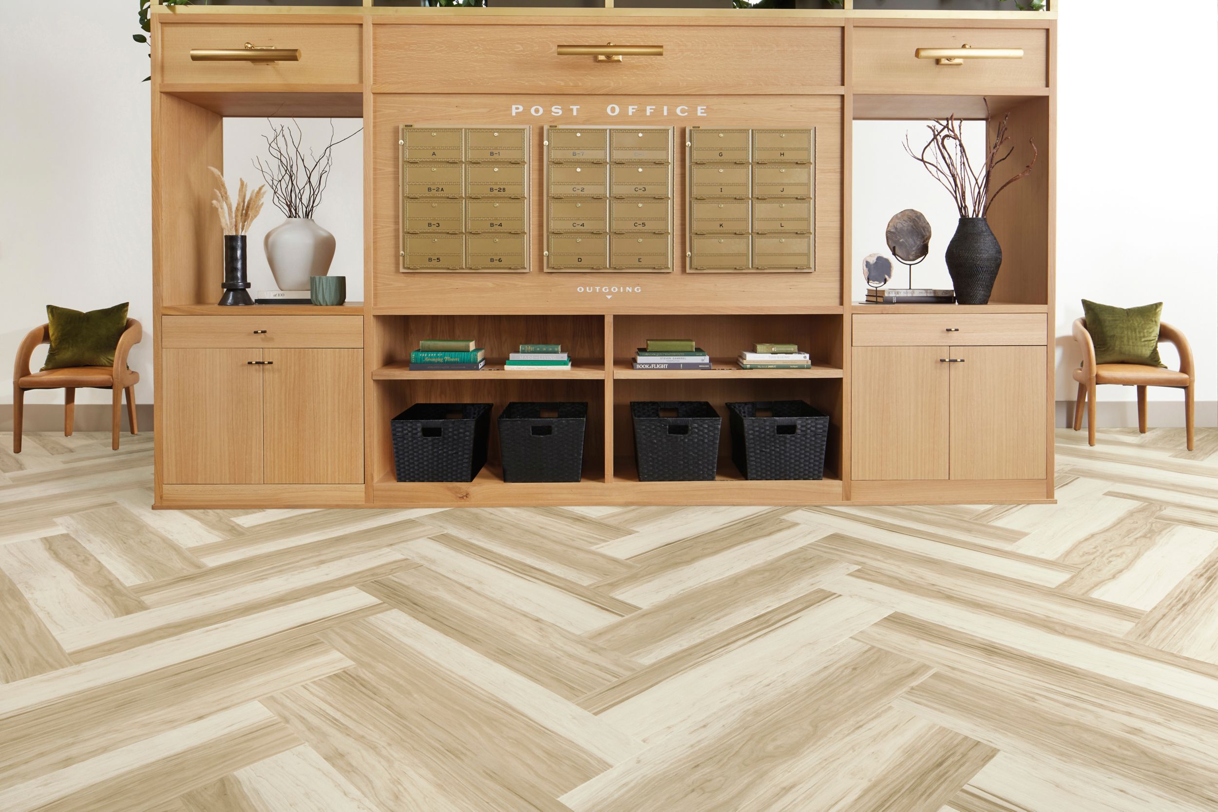 Interface Great Heights LVT in White Oak shown in a casual reception area image number 1