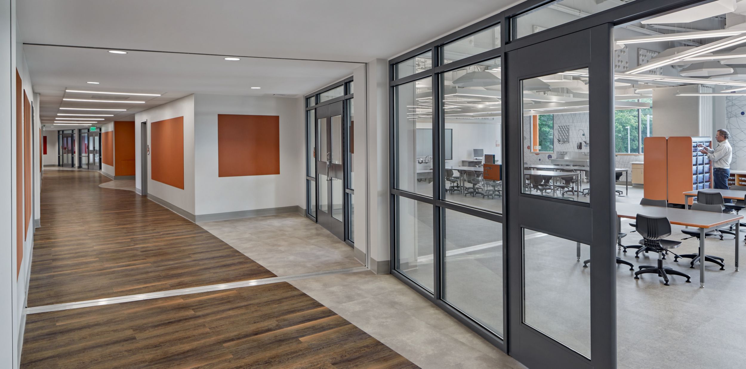 Interface Textured Stones and Natural Woodgrains LVT in office hallway setting  image number 4