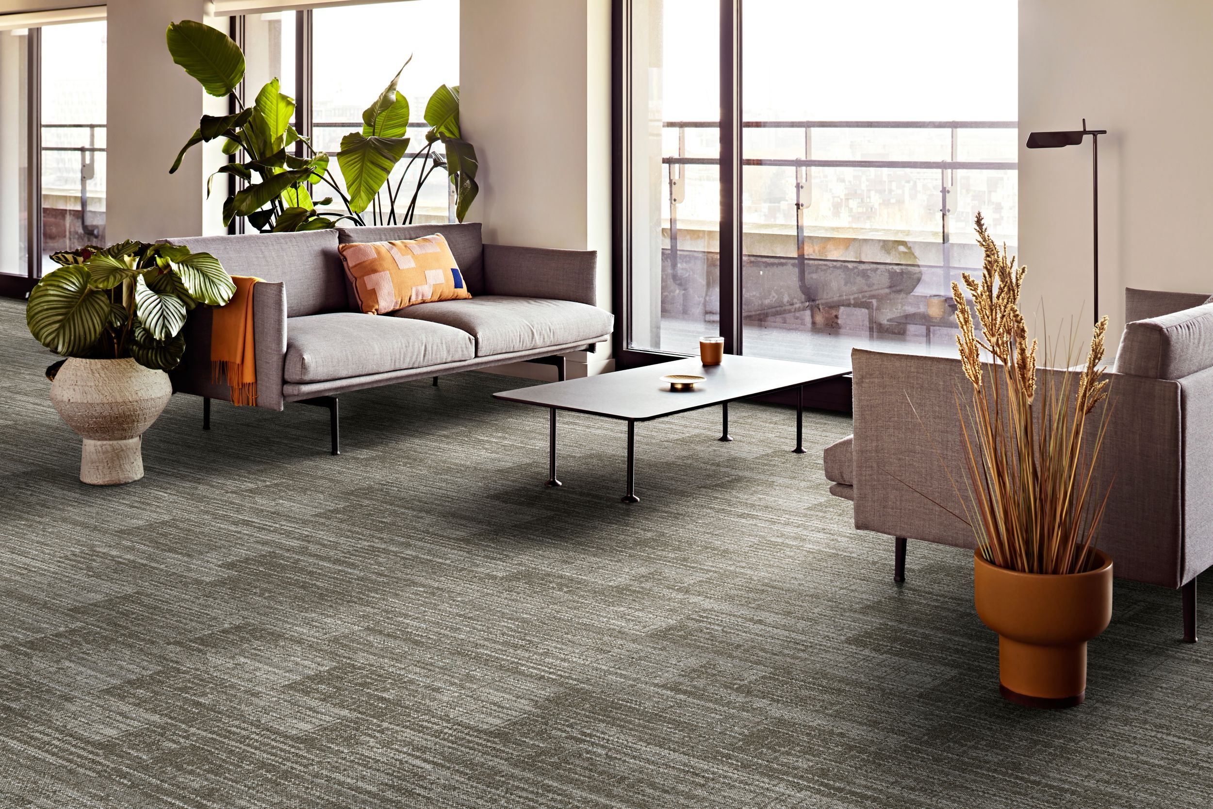 Interface Fringe Benefits plank carpet tile in workplace lobby image number 2