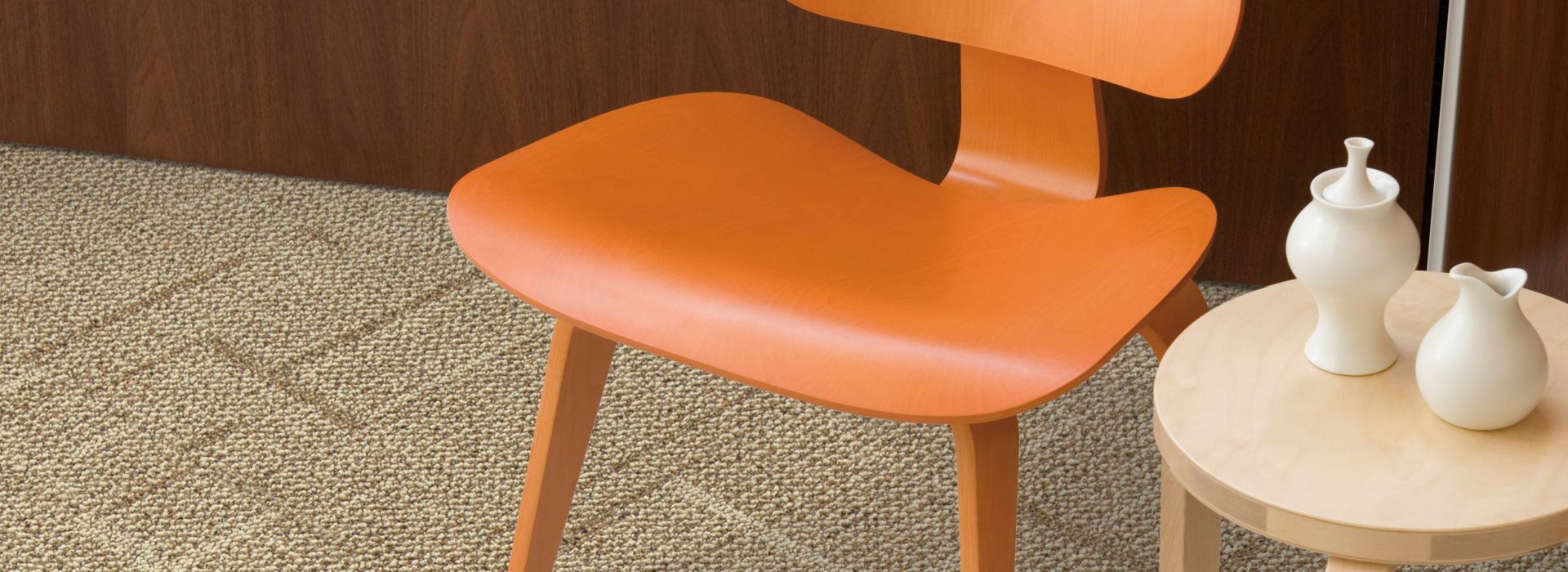 Interface Furrows II carpet tile detail with wood chair