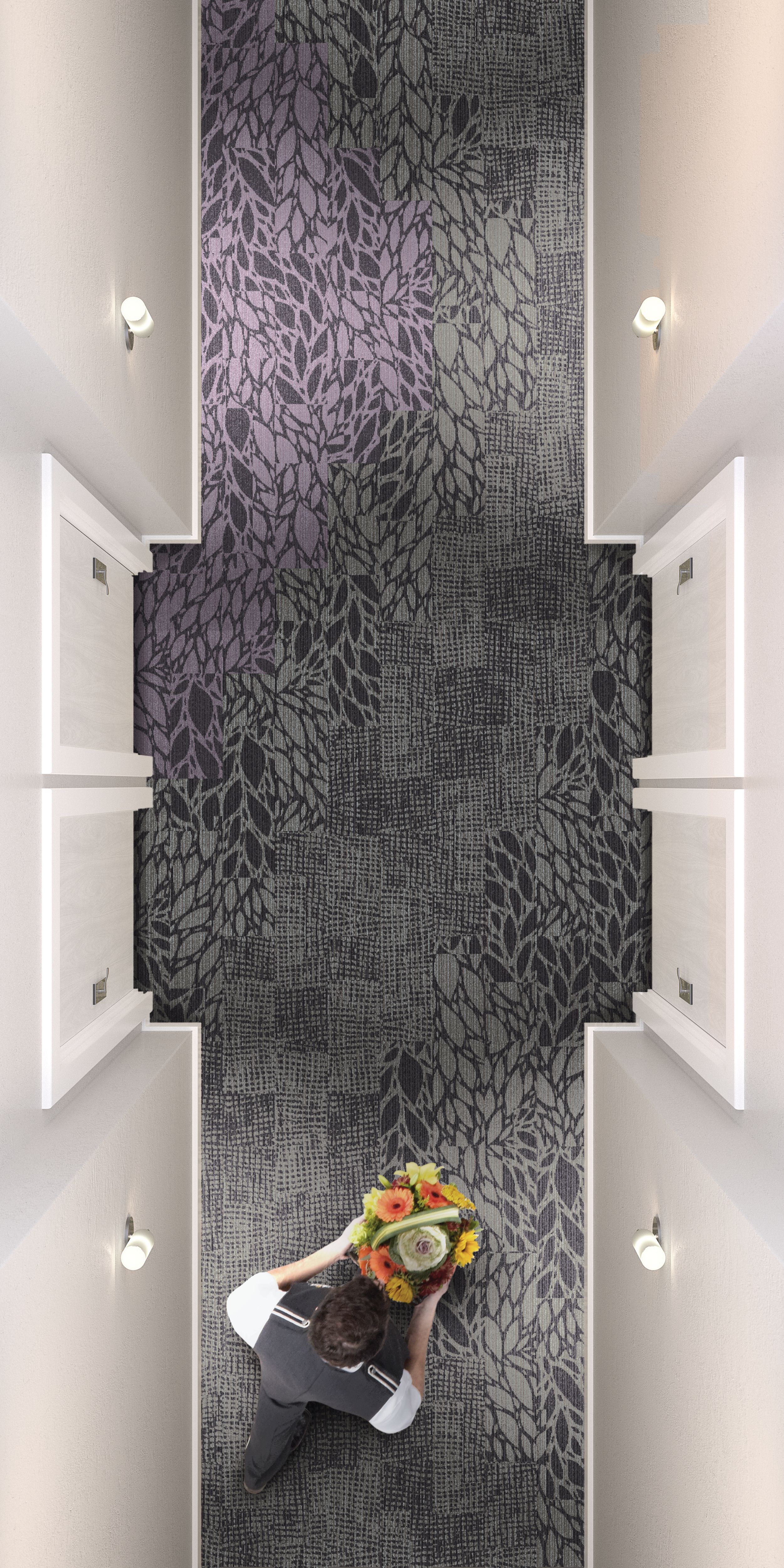Interface GN157 plank carpet tile in corridor with woman carrying flowers image number 2