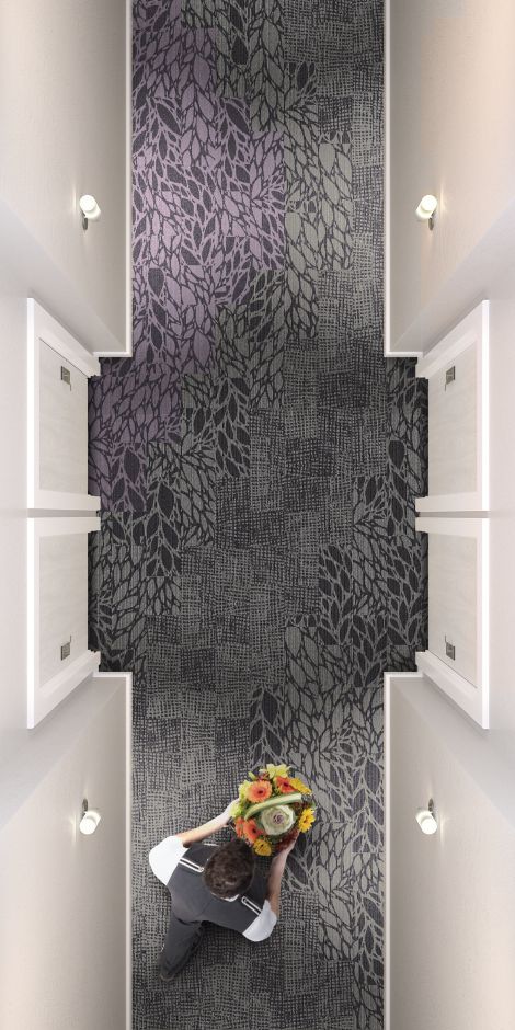 Interface GN157 plank carpet tile in corridor with woman carrying flowers