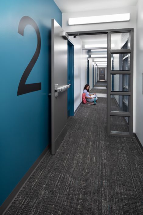 Interface Bitrate plank carpet tile in residence hall corridor