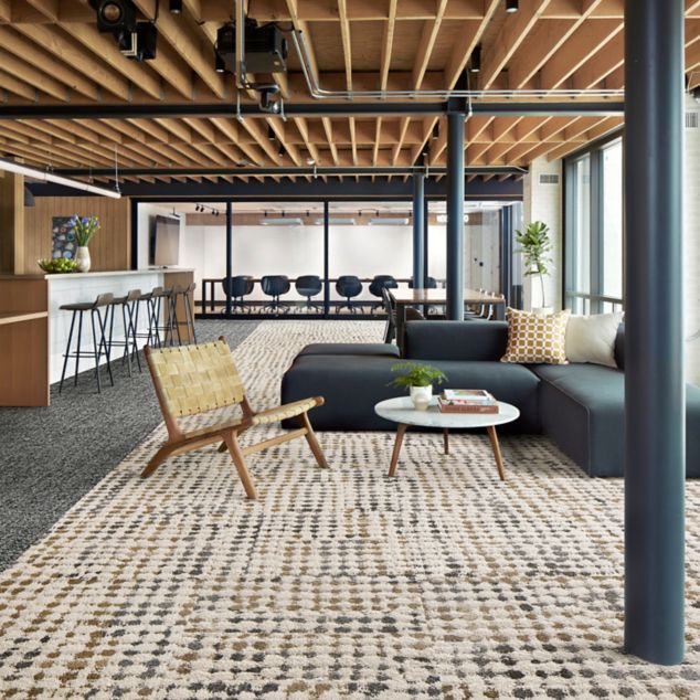 Interface Gossamer and Parchment carpet tiles in workplace lobby