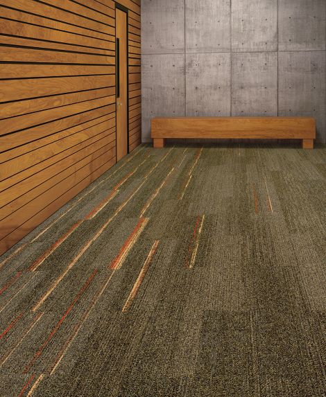 Interface Ground Waves and Harmonize plank carpet tile against wood and cement walls with wood bench image number 3