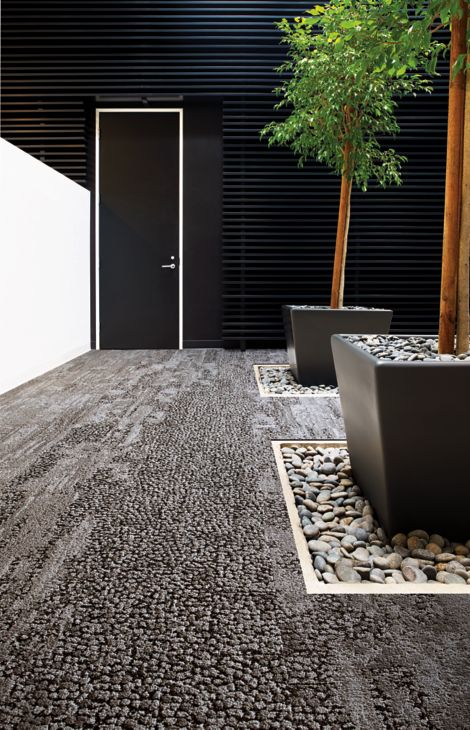 Interface HN810, HN820, HN840 and HN850 plank carpet tiles in white anc black room with potted trees and river rock afbeeldingnummer 4