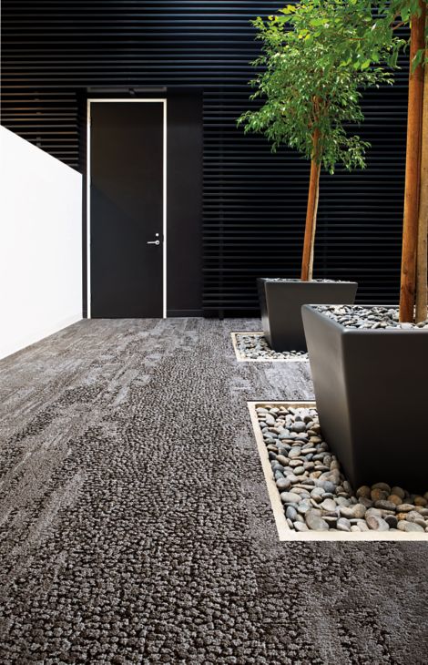 Interface HN810, HN820, HN840 and HN850 plank carpet tiles in white anc black room with potted trees and river rock imagen número 4