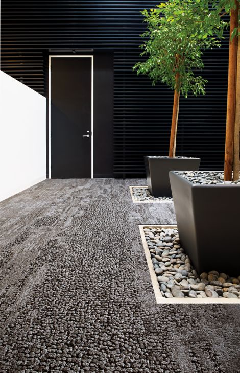 Interface HN810, HN820, HN840 and HN850 plank carpet tiles in white anc black room with potted trees and river rock