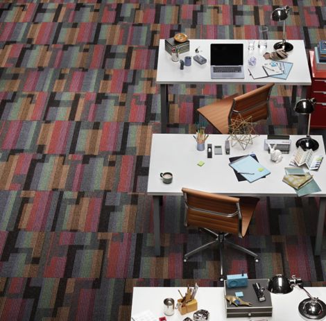 Interface Happening carpet tile overhead view with two worktables