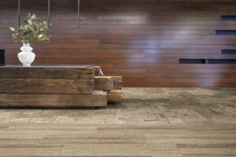 Interface Light Trace plank carpet tile with HR Blends carpet tile in reception area image number 3