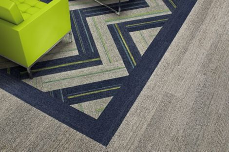 Interface Harmonize and Ground Waves plank carpet tiles with neon green chair image number 2