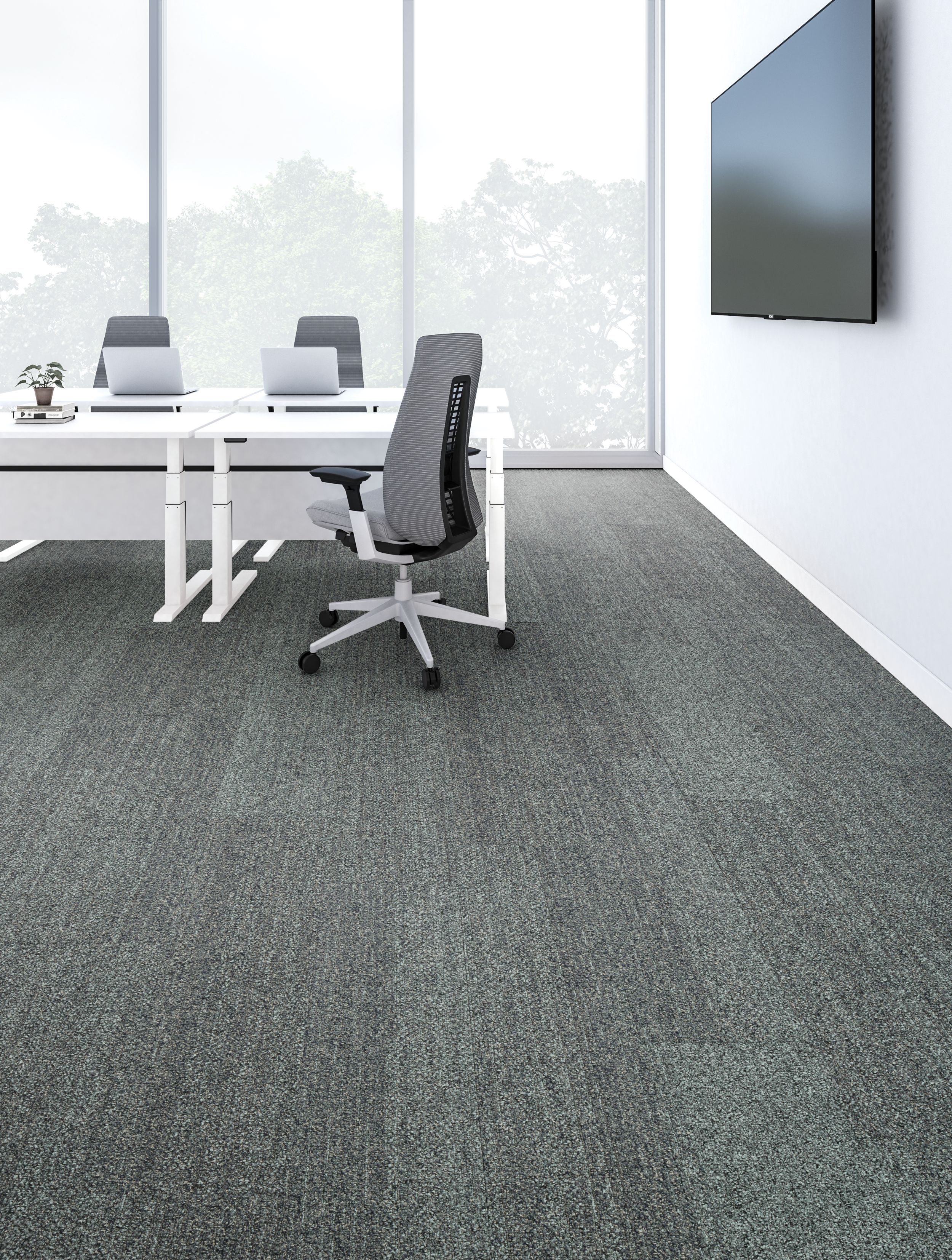 Interface Harmonize plank carpet tiles in empty meeting room with white desks and heathered grey office chairs image number 5