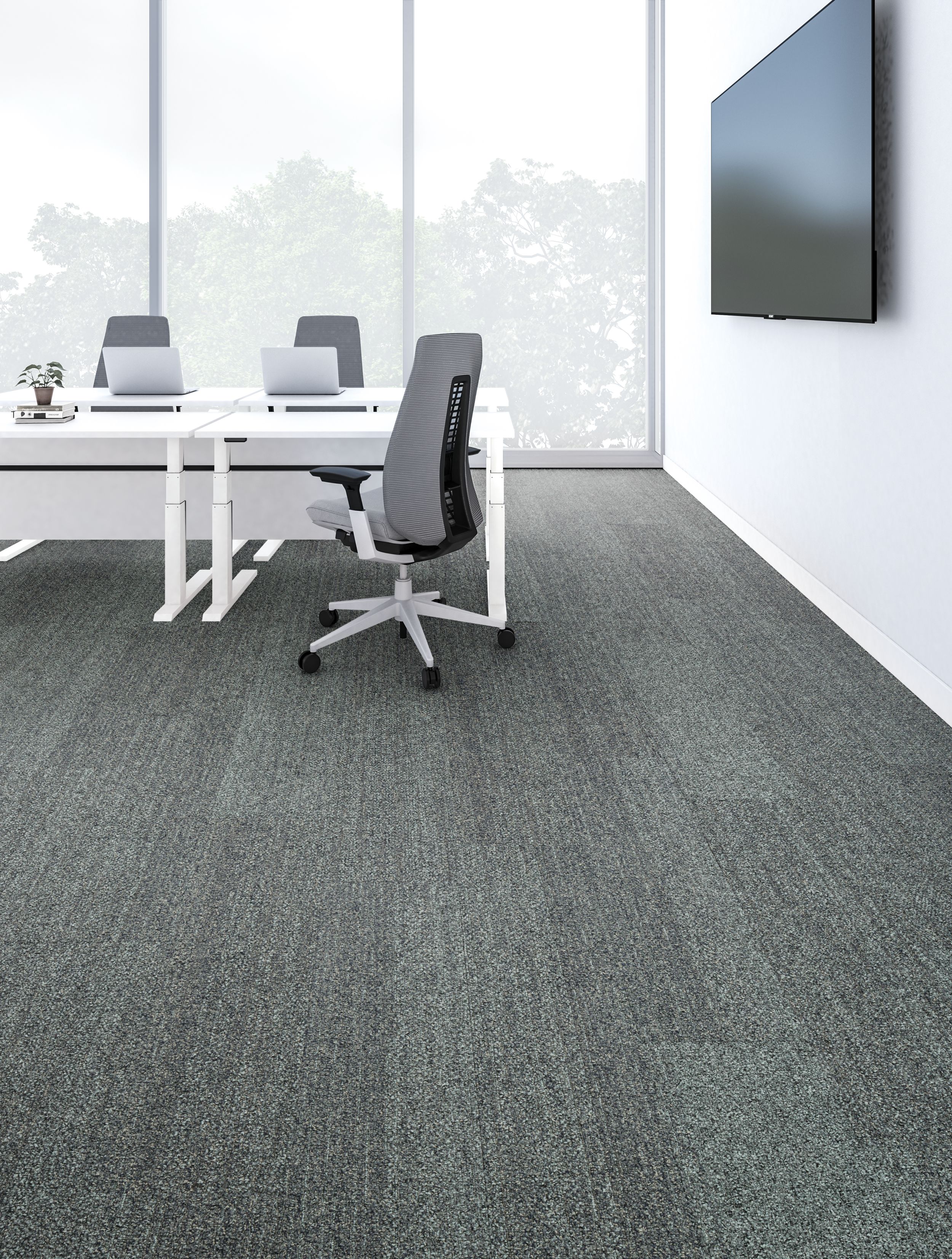 Interface Harmonize plank carpet tiles in empty meeting room with white desks and heathered grey office chairs image number 8