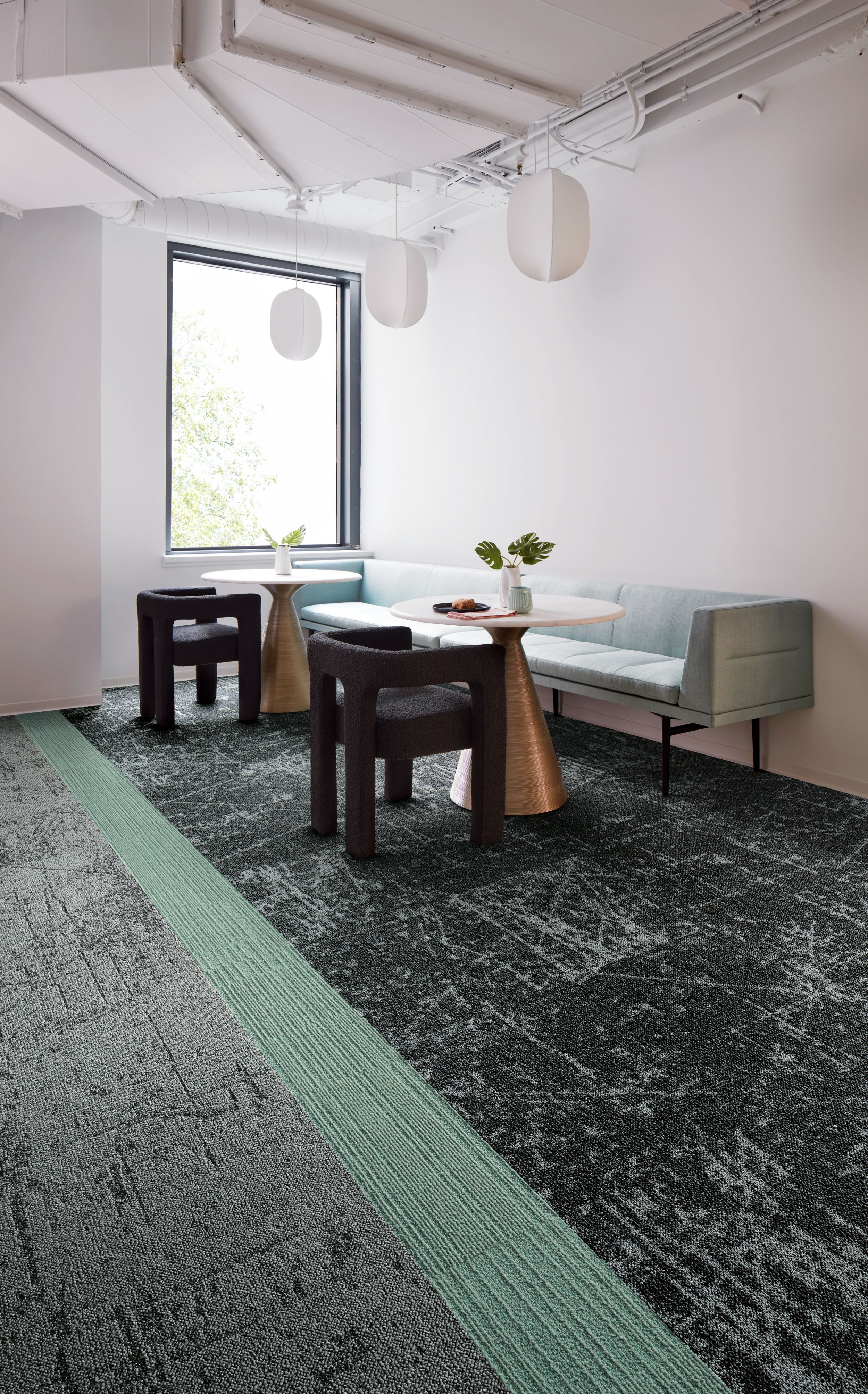 Interface Heartthrob carpet tile in corner dining space with cutlery on table image number 4