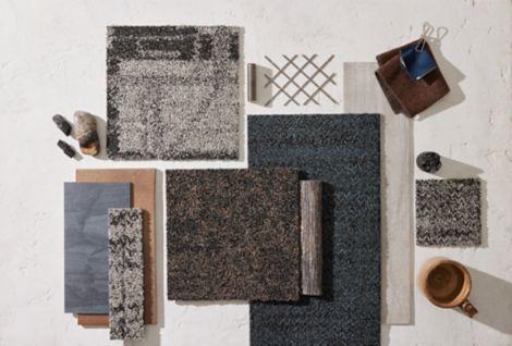 Tabletop palette of Interface HiFi carpet tile collection with Fresco Valley LVT