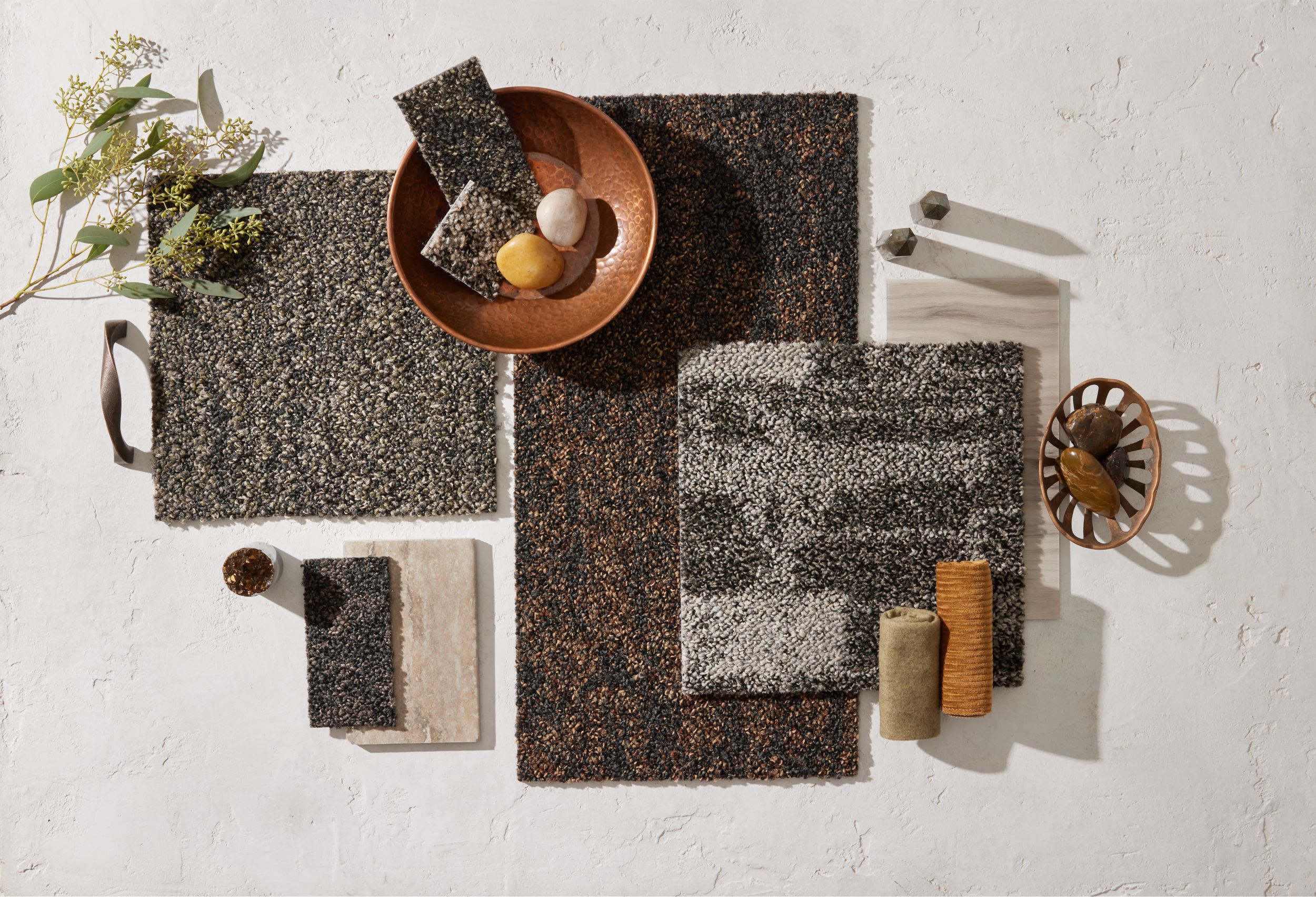 Tabletop palette of Interface HiFi carpet tile collection with Fresco Valley LVT image number 13