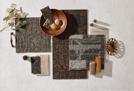 Tabletop palette of Interface HiFi carpet tile collection with Fresco Valley LVT