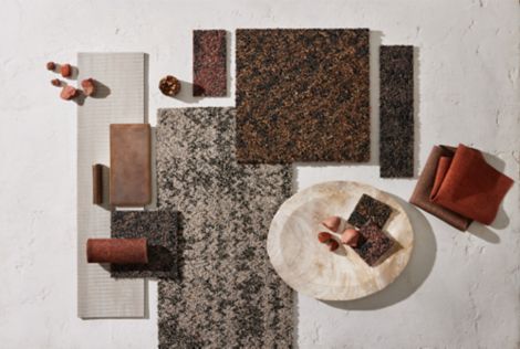 Tabletop palette of Interface HiFi carpet tile collection with Level Set  LVT