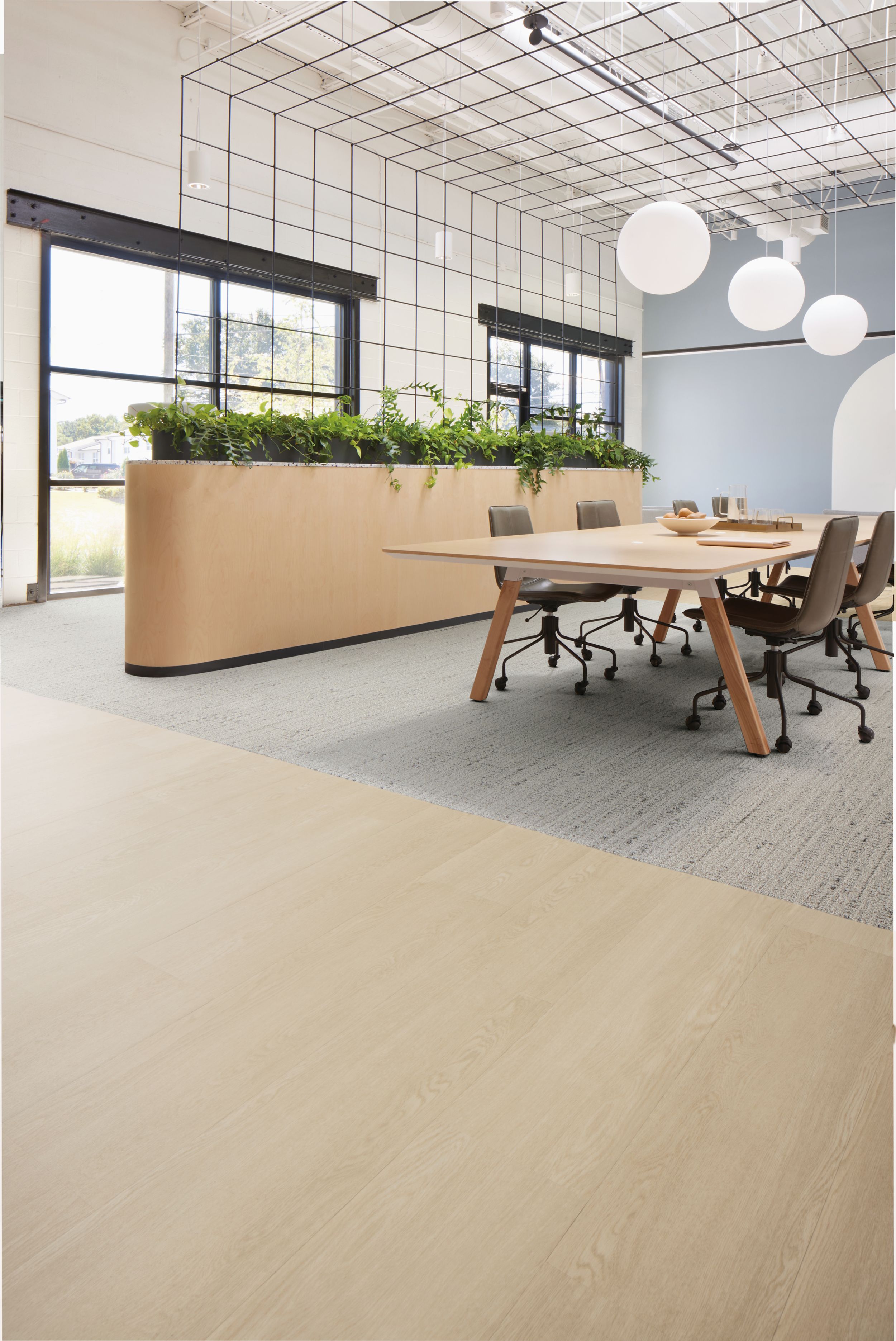 Interface Northern Grain LVT with FLOR Knit Wit Carpet Tile in Meeting Room image number 3