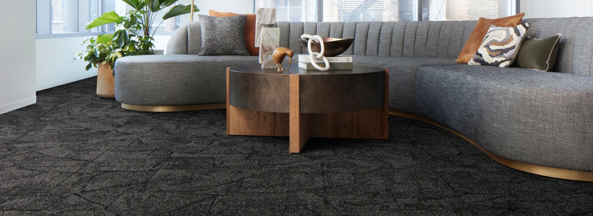 Interface Cap Rock carpet tile in casual seating area