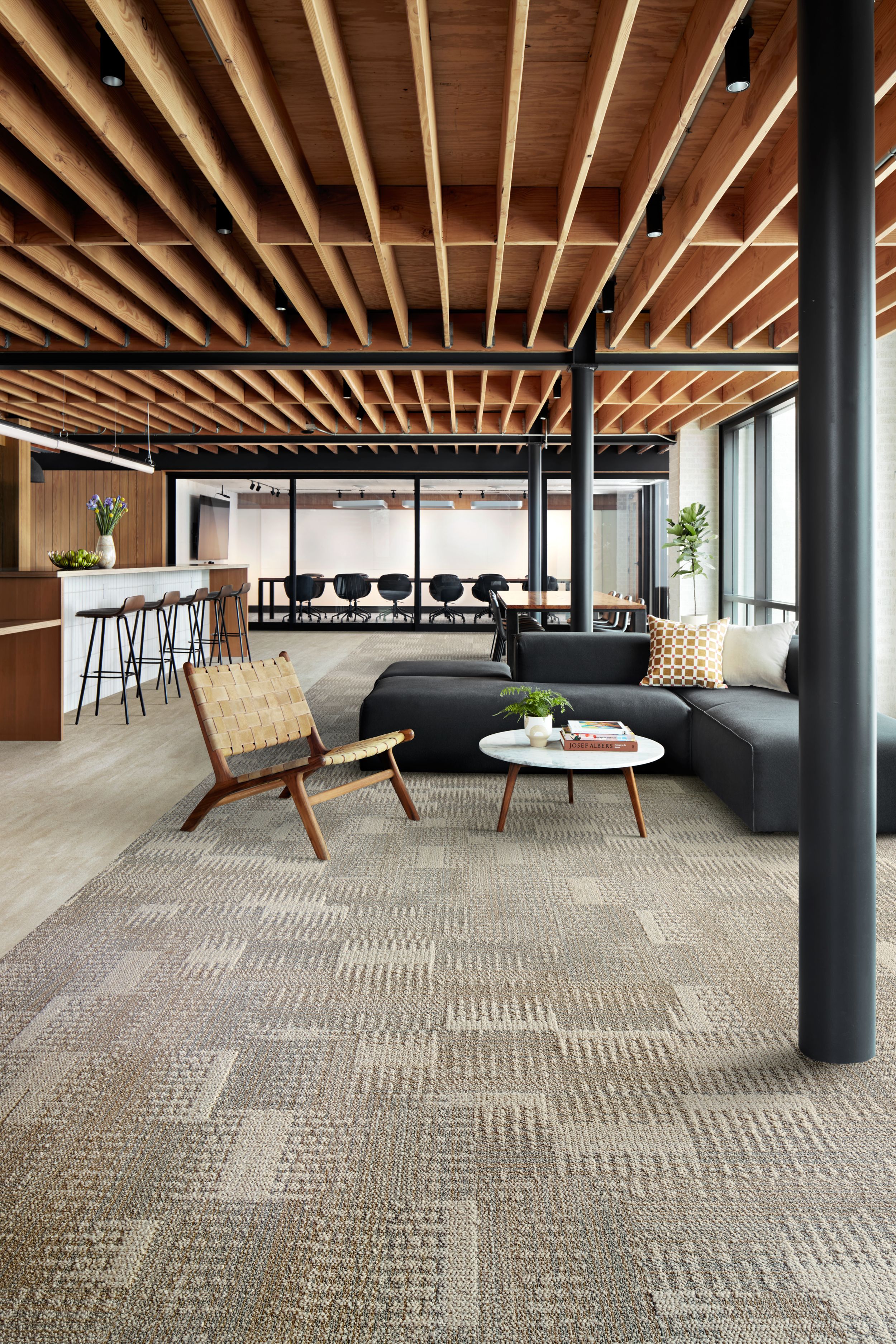 Interface Dot O-Mine plank carpet tile with Cliff LVT in lobby image number 3