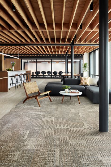 Interface Dot O-Mine plank carpet tile with Cliff LVT in lobby