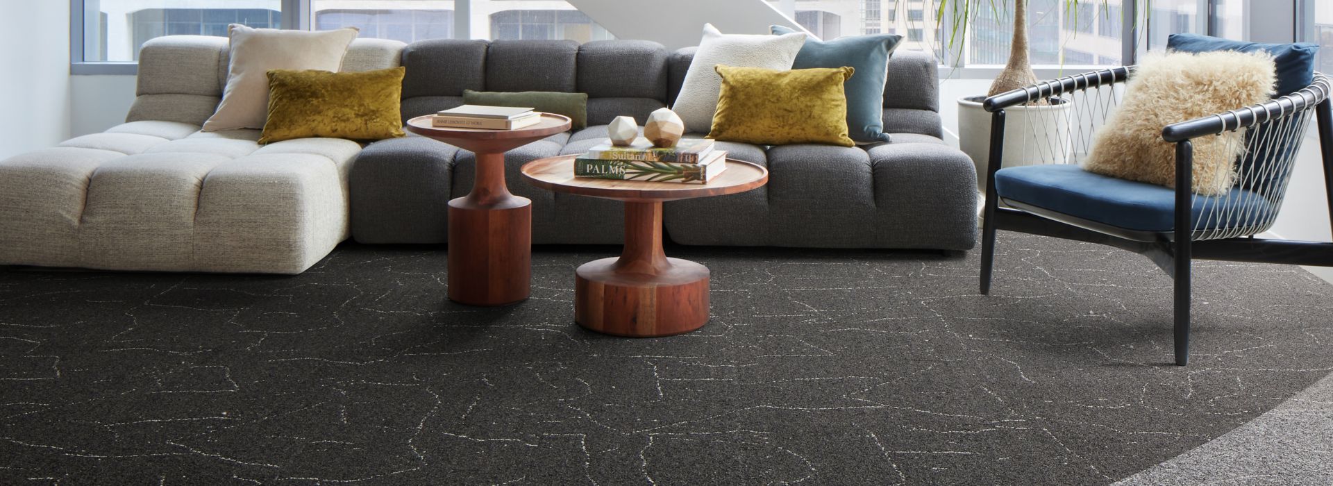 Interface Desert Veins carpet tile in casual seating area