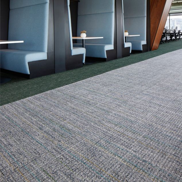 Interface Open Air 401 Stria and Open Ended plank carpet tile in office lobby