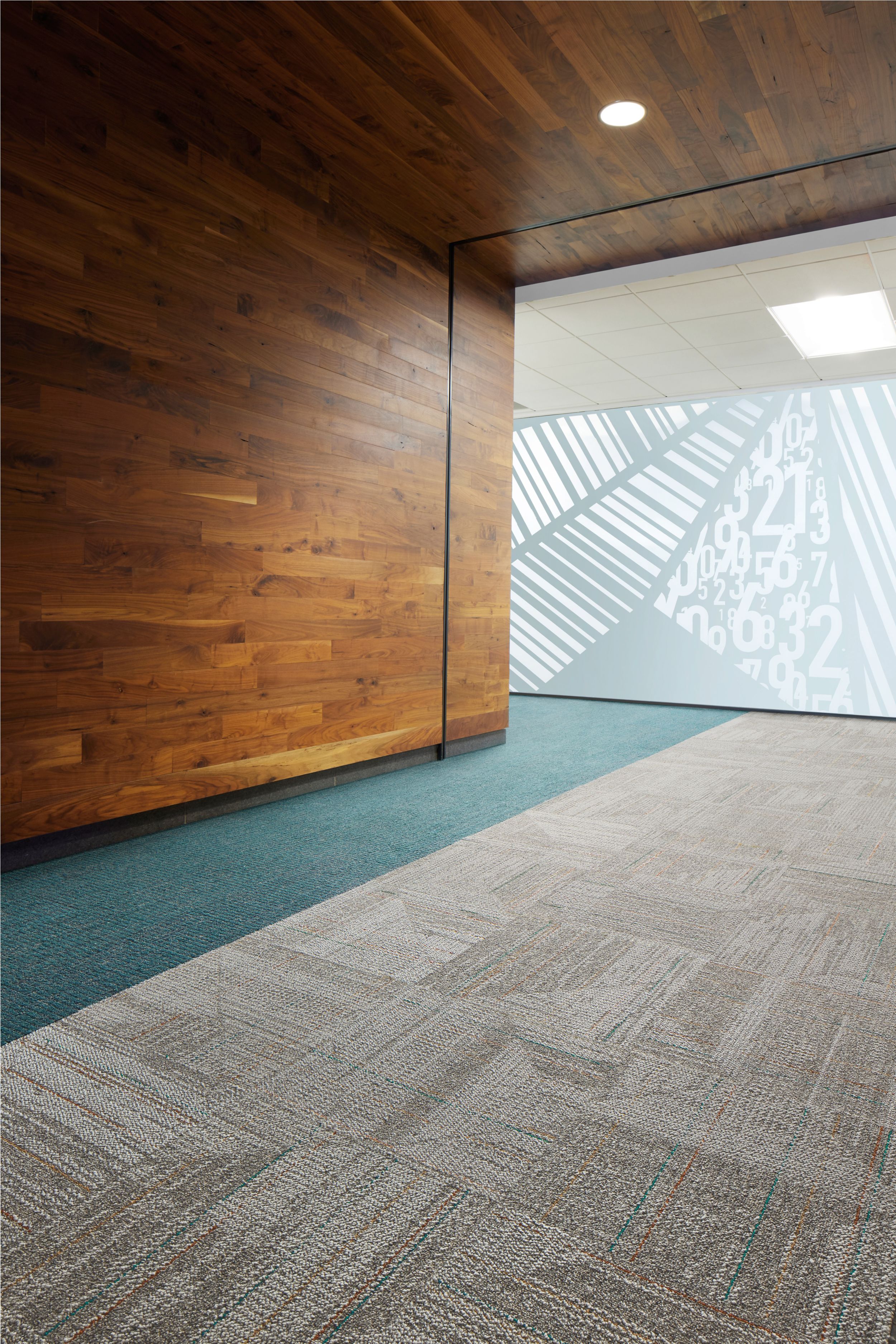 Open Air Stria 403 and Open Ended carpet tile in office corridor setting with glass and wood wall imagen número 2