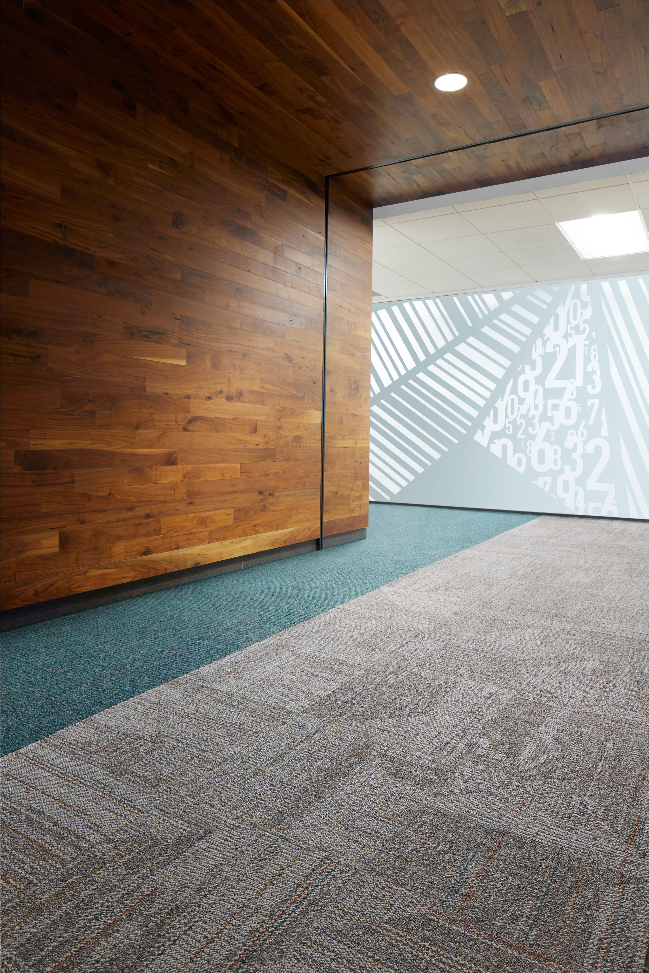 Open Air Stria 403 and Open Ended carpet tile in office corridor setting with glass and wood wall image number 2