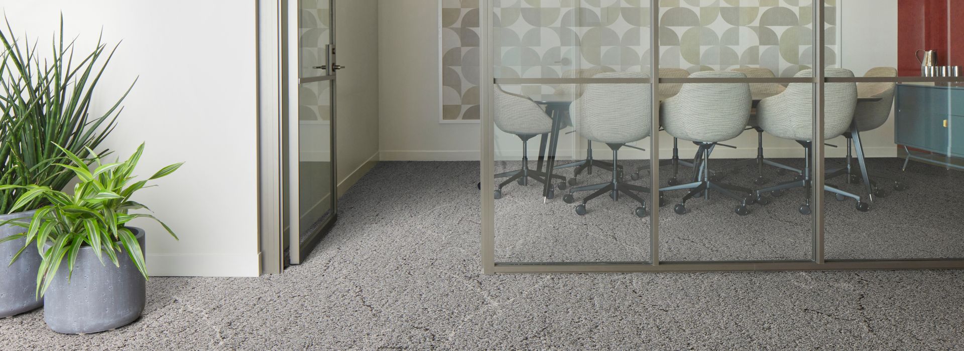 Interface Ribbon Rock carpet tile in small conference room