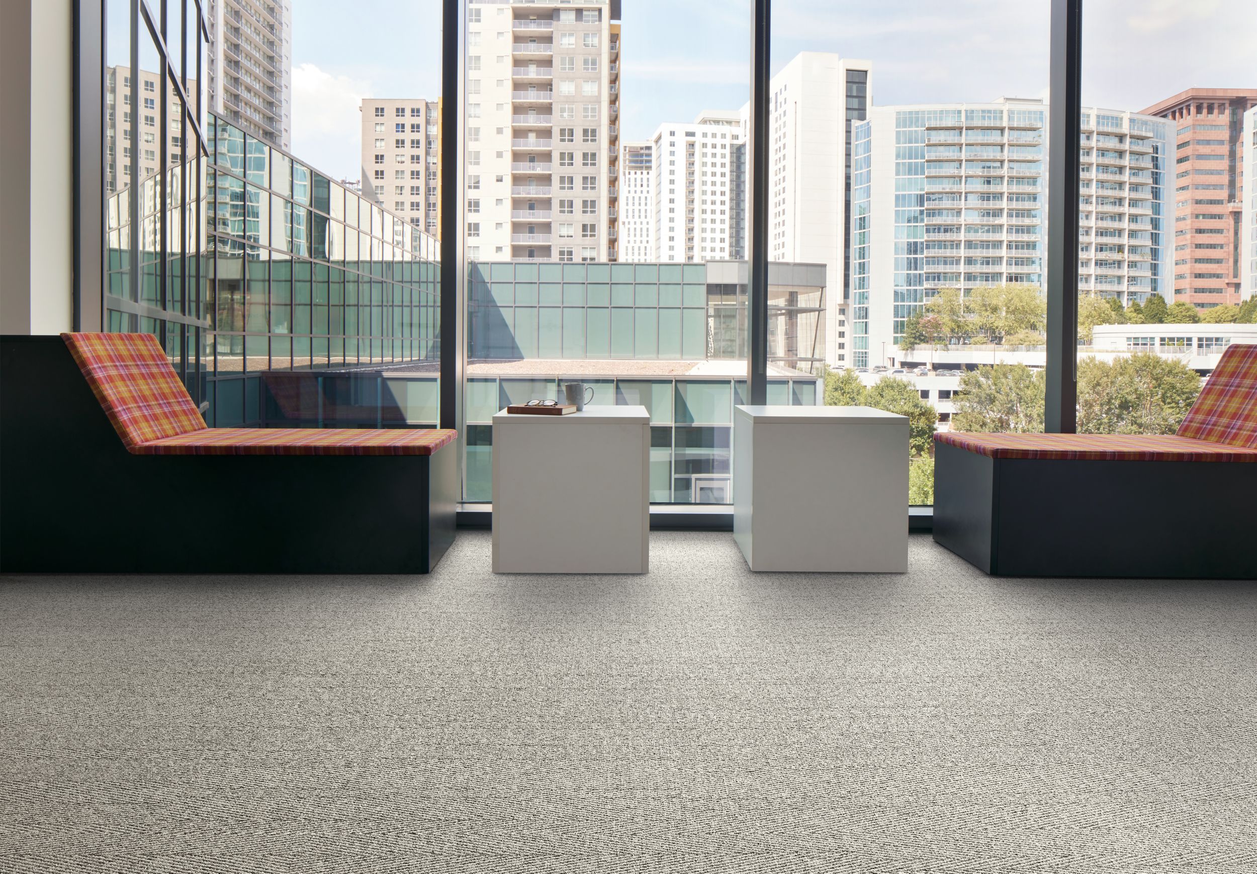 Interface Stitch in Time plank carpet tile with tables and chairs facing outside image number 1