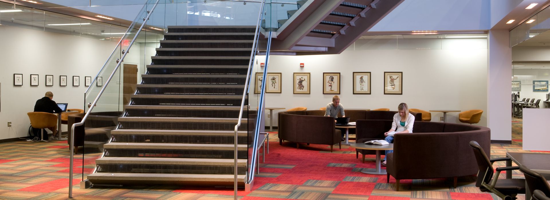 Interface Chenille Warp and Syncopation carpet tile in lobby of library with staircase