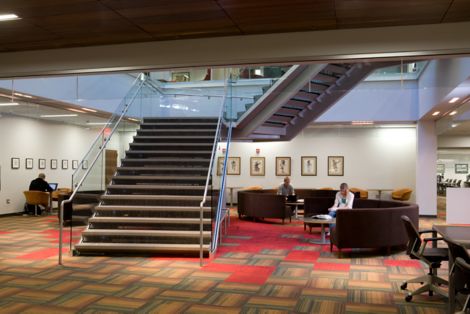 Interface Chenille Warp and Syncopation carpet tile in lobby of library with staircase image number 7