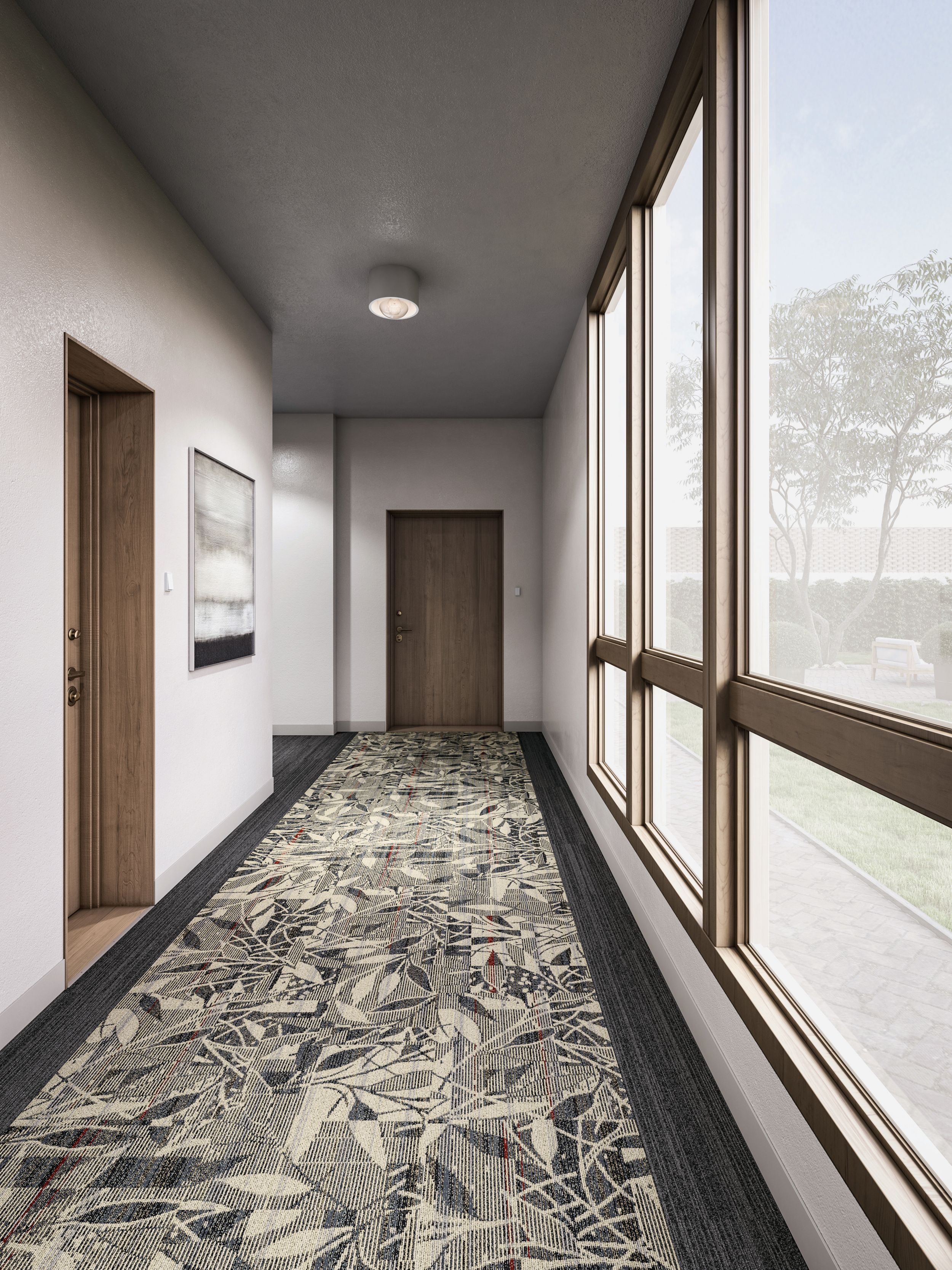 Interface Broadleaf carpet tile with NS231 plank carpet tile in corridor image number 16