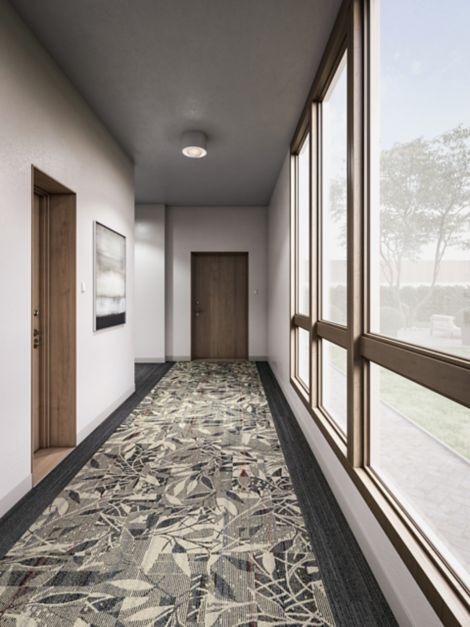 Interface Broadleaf carpet tile with NS231 plank carpet tile in corridor
