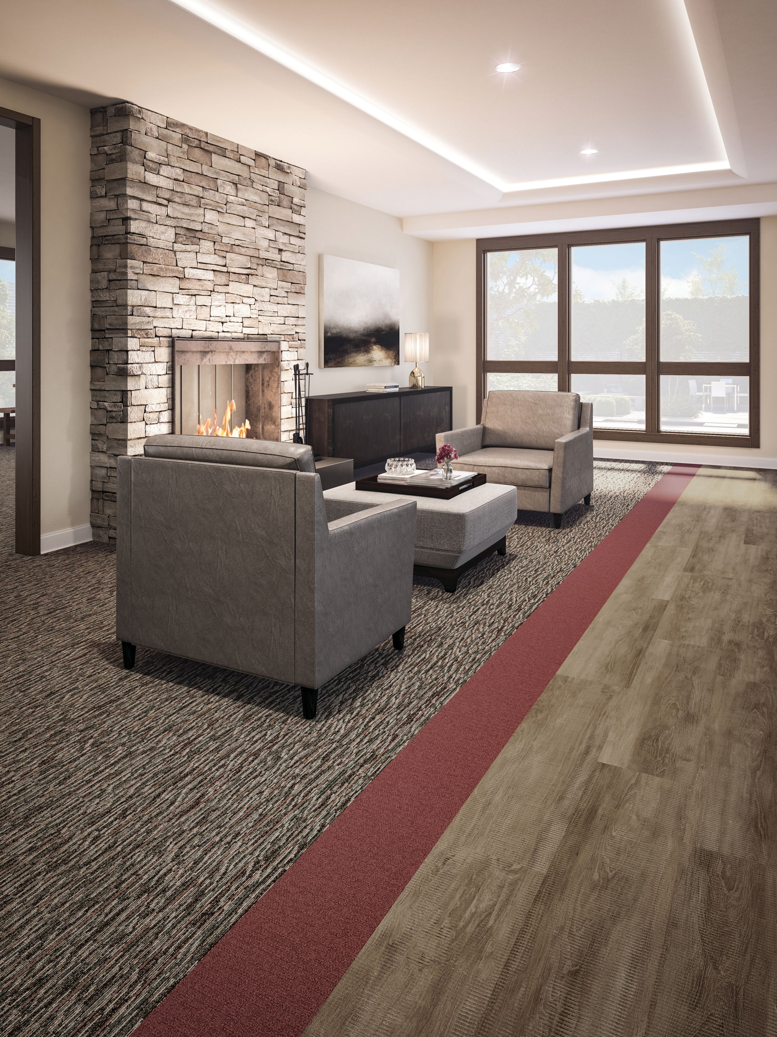 Interface Farmland and Monochrome carpet tile with Textured Woodograins LVT in senior housing seating area with stone fireplace imagen número 8